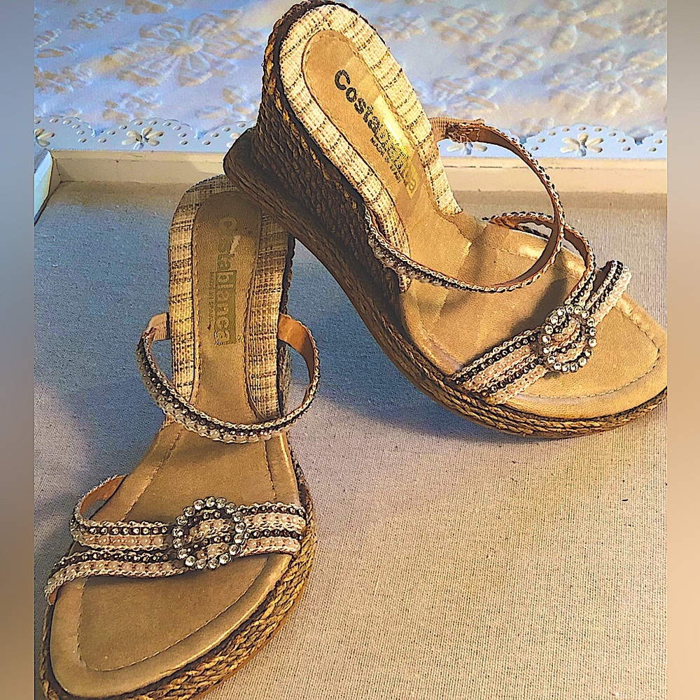Costa Blanca Beige/Tan Rhinestone Braided Wedge Sandals